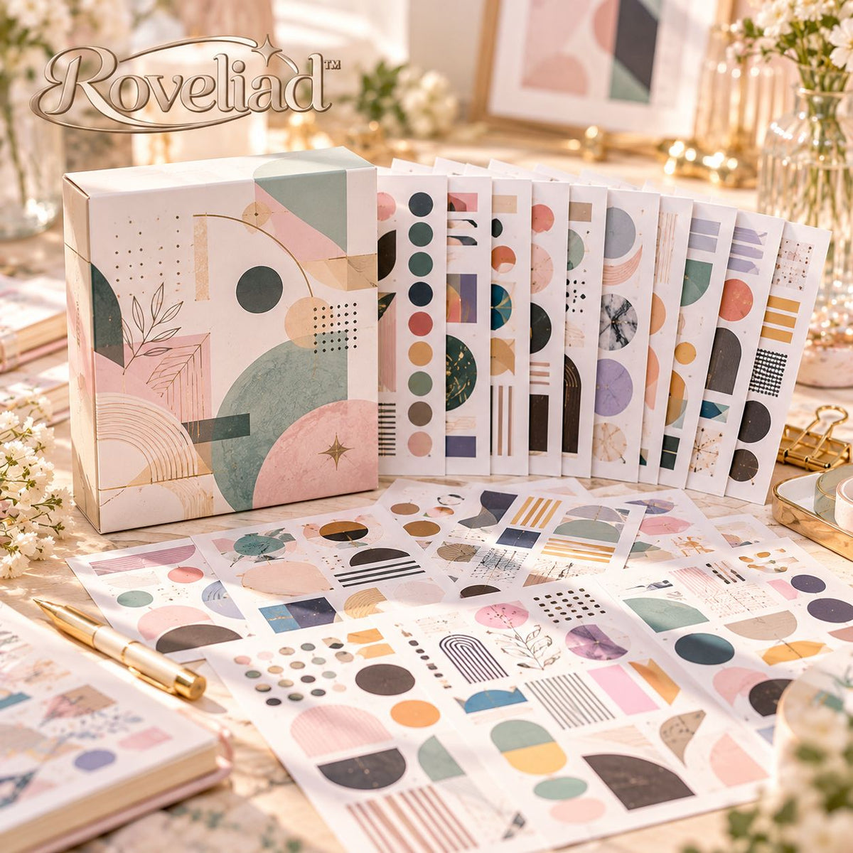 Roveliad™ Form & Color Geometric Sticker Box — 10 Full Sheets of Minimal Black, White & Color Craft Stickers