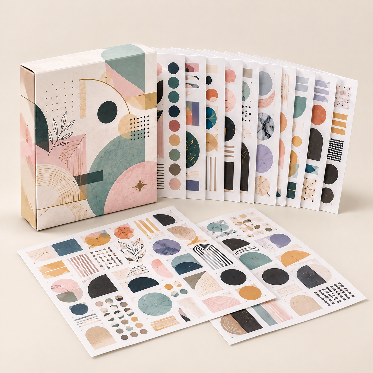 Roveliad™ Form & Color Geometric Sticker Box — 10 Full Sheets of Minimal Black, White & Color Craft Stickers