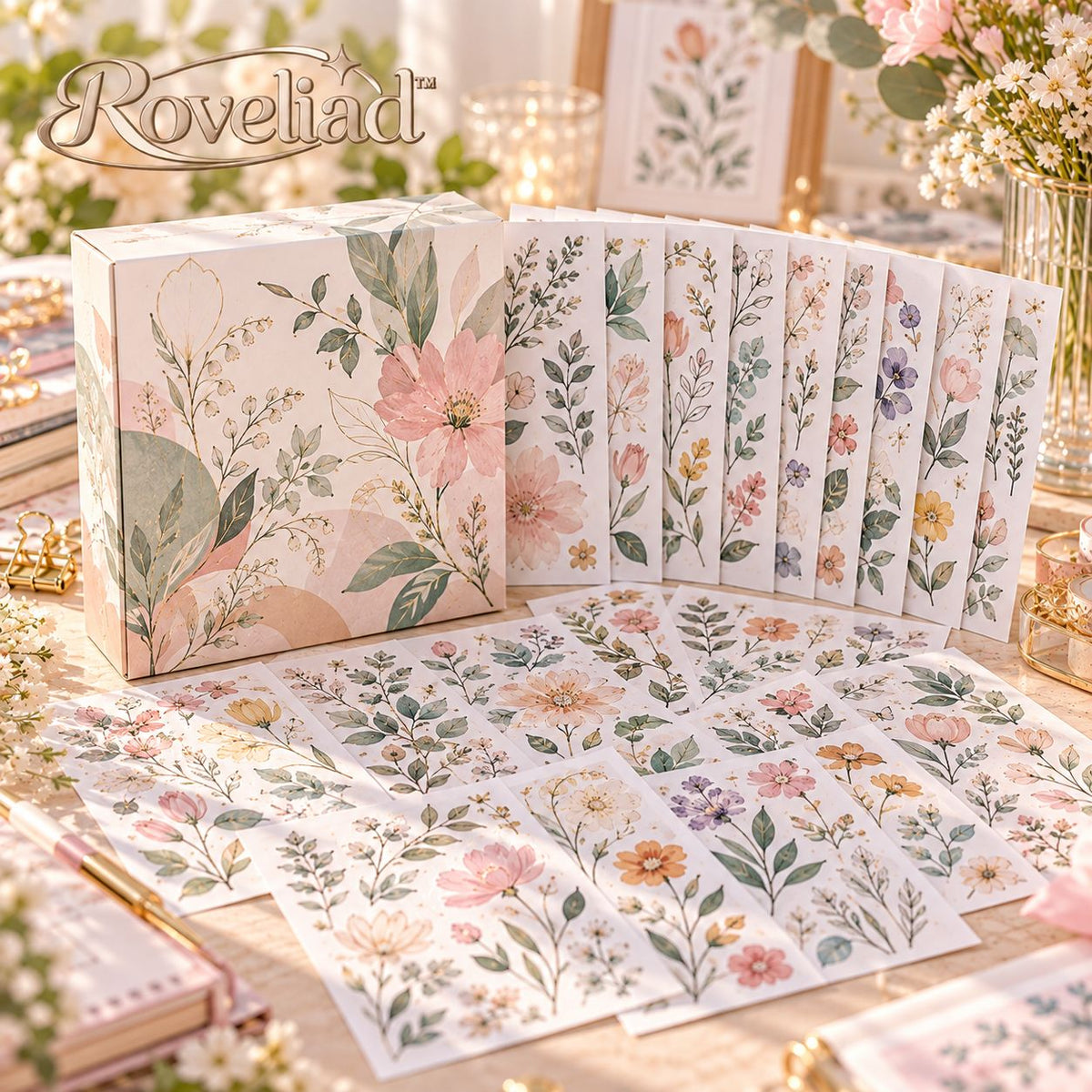 Roveliad™ Botanical Linework Sticker Box — 10 Full Sheets Minimal Floral & Leaf Outline Stickers