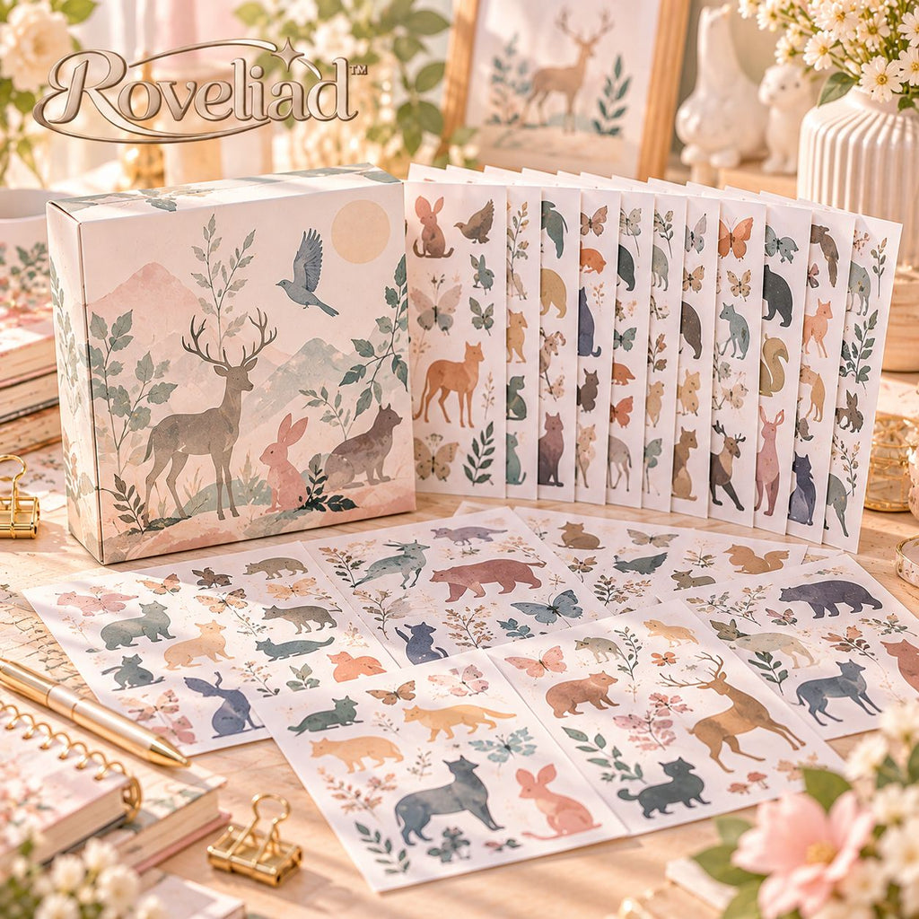 Roveliad™ Wildform Animal Silhouette Sticker Box — 10 Full Sheets Minimal Color Animal Craft Stickers