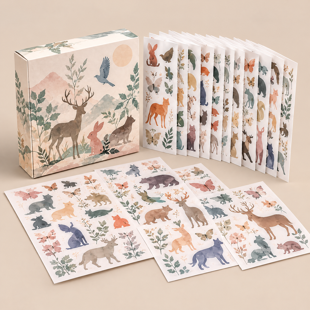 Roveliad™ Wildform Animal Silhouette Sticker Box — 10 Full Sheets Minimal Color Animal Craft Stickers
