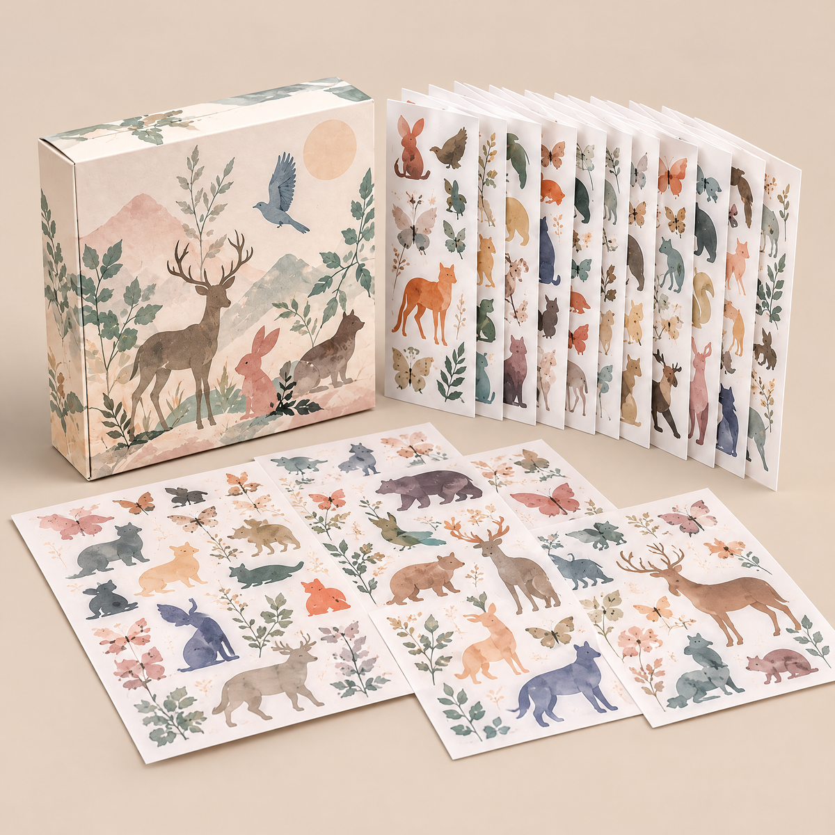 Roveliad™ Wildform Animal Silhouette Sticker Box — 10 Full Sheets Minimal Color Animal Craft Stickers