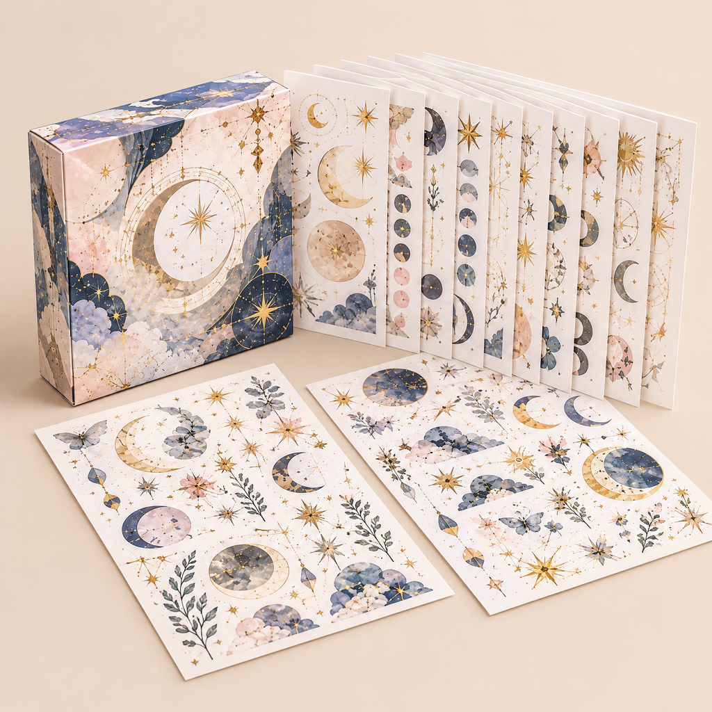 Roveliad™ Gilded Night Celestial Sticker Box — 10 Full Sheets Vintage Moon & Star Gold-Foil Outline Stickers