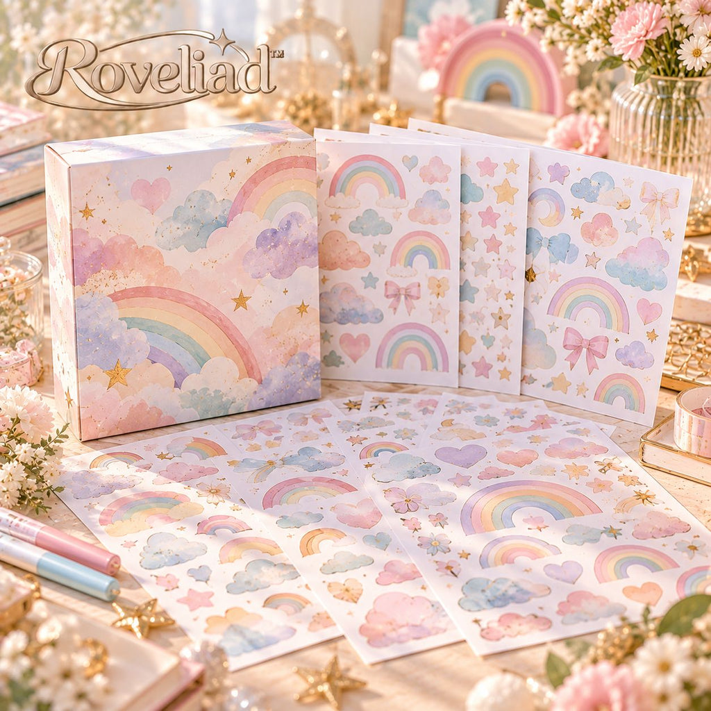 Roveliad™ Cloudbow Pastel Rainbow Adhesive Craft Sheets — 3-Pack, 7.9 × 7.9 in Cut-to-Shape Sticker Paper