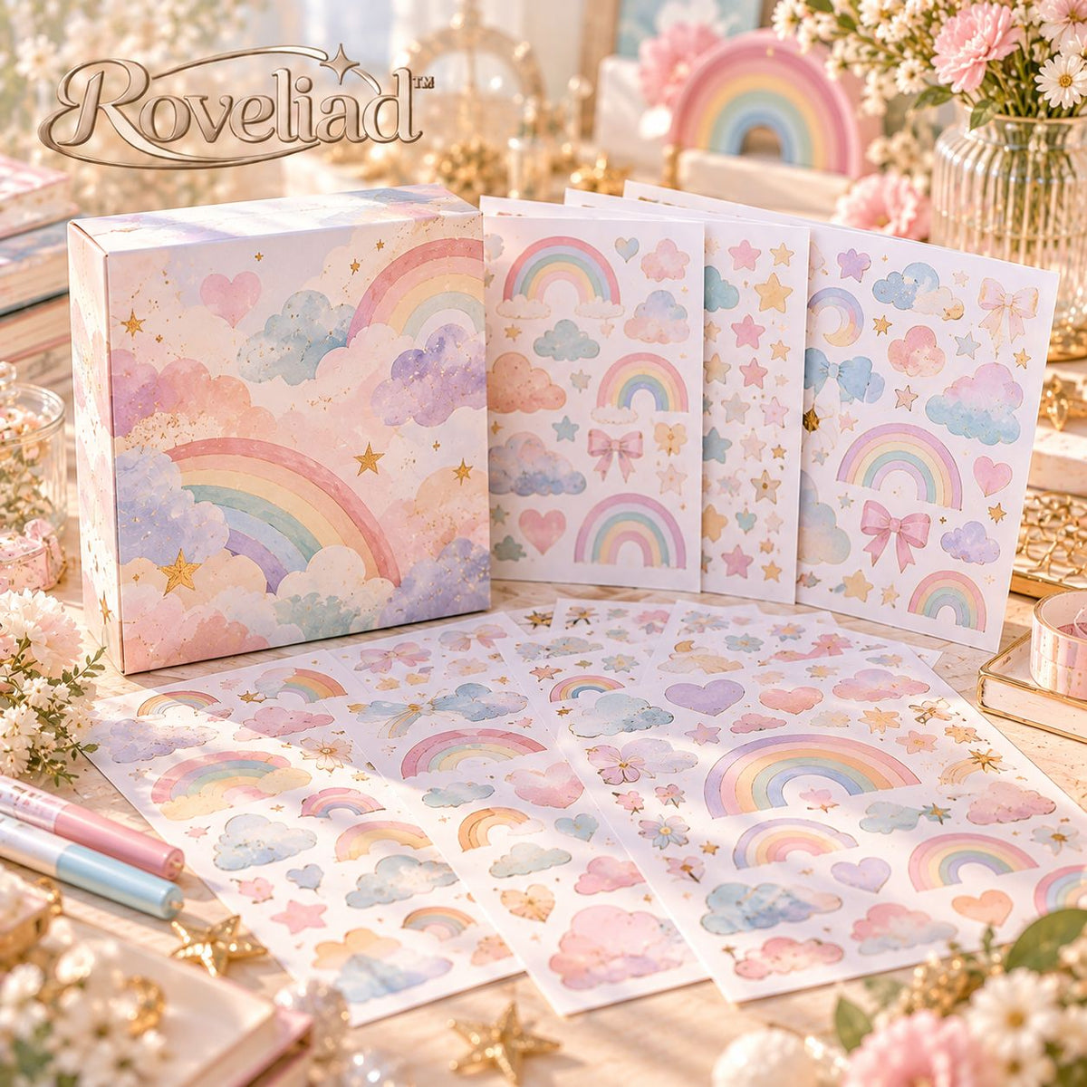 Roveliad™ Cloudbow Pastel Rainbow Adhesive Craft Sheets — 3-Pack, 7.9 × 7.9 in Cut-to-Shape Sticker Paper