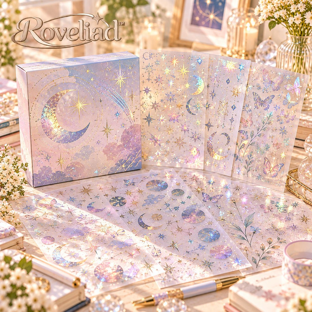 Roveliad™ Stardust Veil Transparent Glitter-Laminate Adhesive Sheets — 3-Pack DIY Cuttable Clear Sticker Sheets