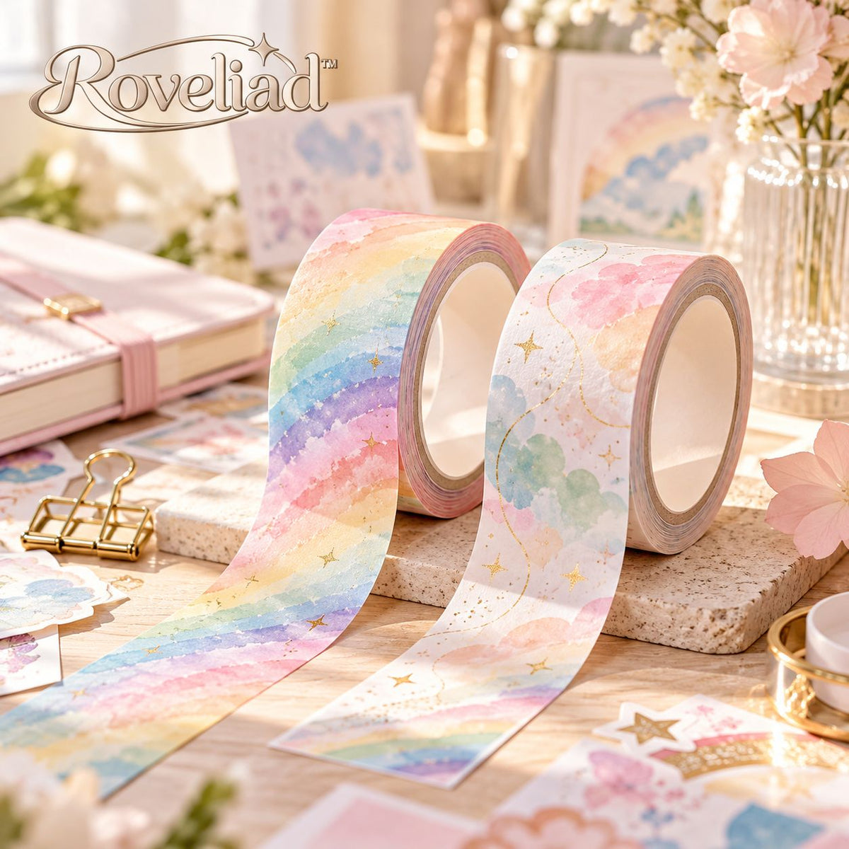 Roveliad™ Prism Drift Rainbow Washi Tape Set — 2 Rolls Decorative Paper Tape for Journaling, Scrapbooking & Planner Crafts