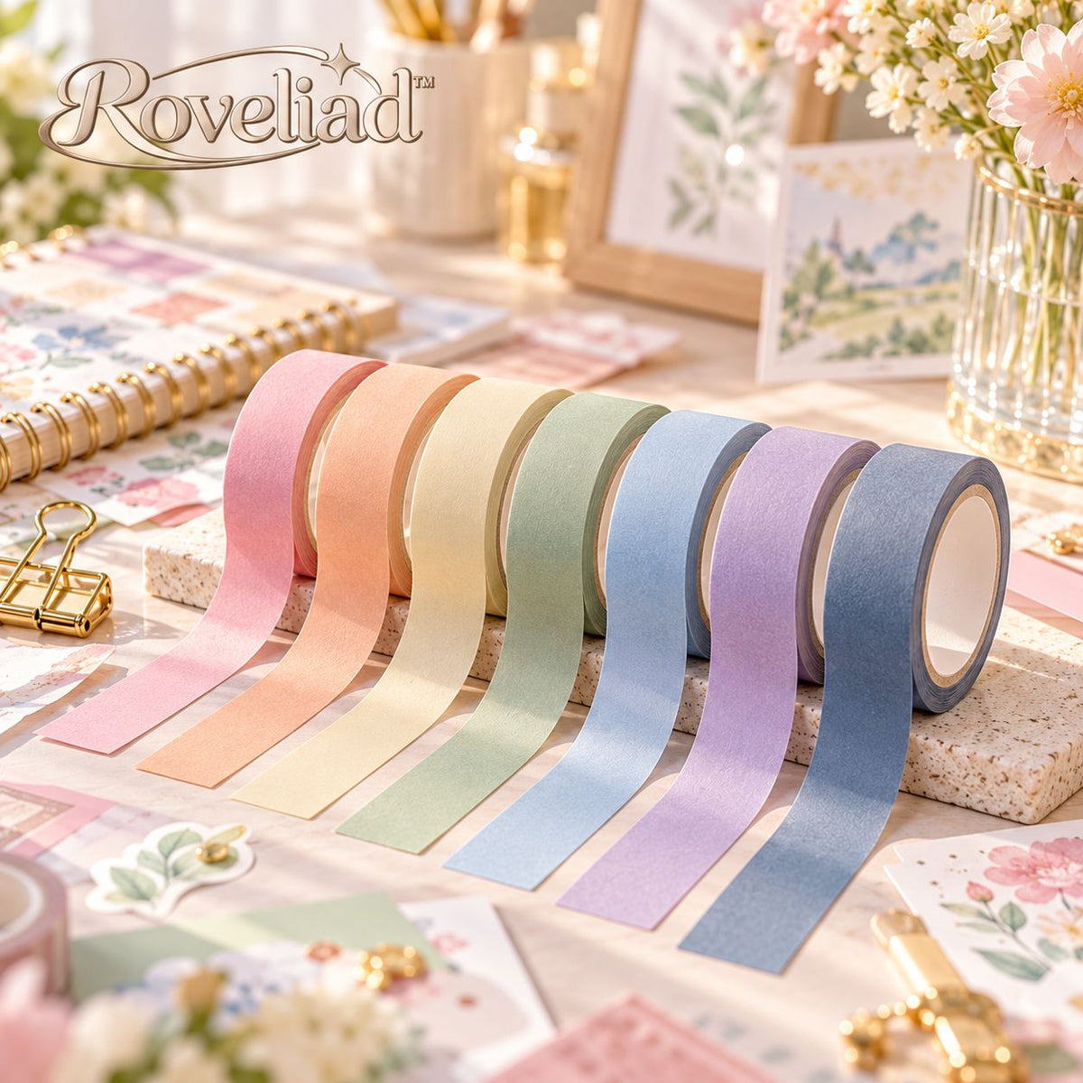 Roveliad™ Quiet Spectrum Solid Color Washi Tape — 7-Color Matte Journaling Tape Set for Planners, Scrapbooks & DIY Paper Crafts