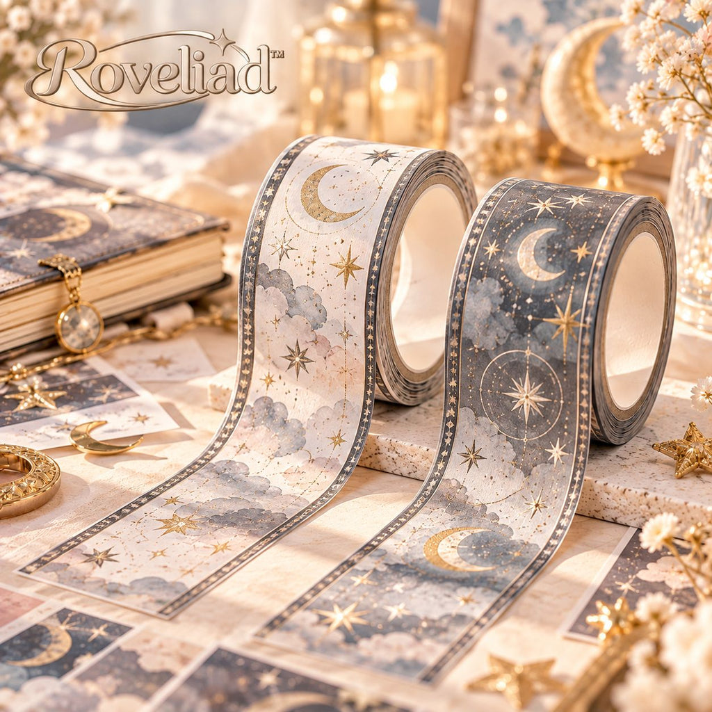 Roveliad™ Nocturne Orbit Celestial Washi Tape — 2-Pack, 39.4 ft Each, Moon & Star Gray Decorative Journal Tape