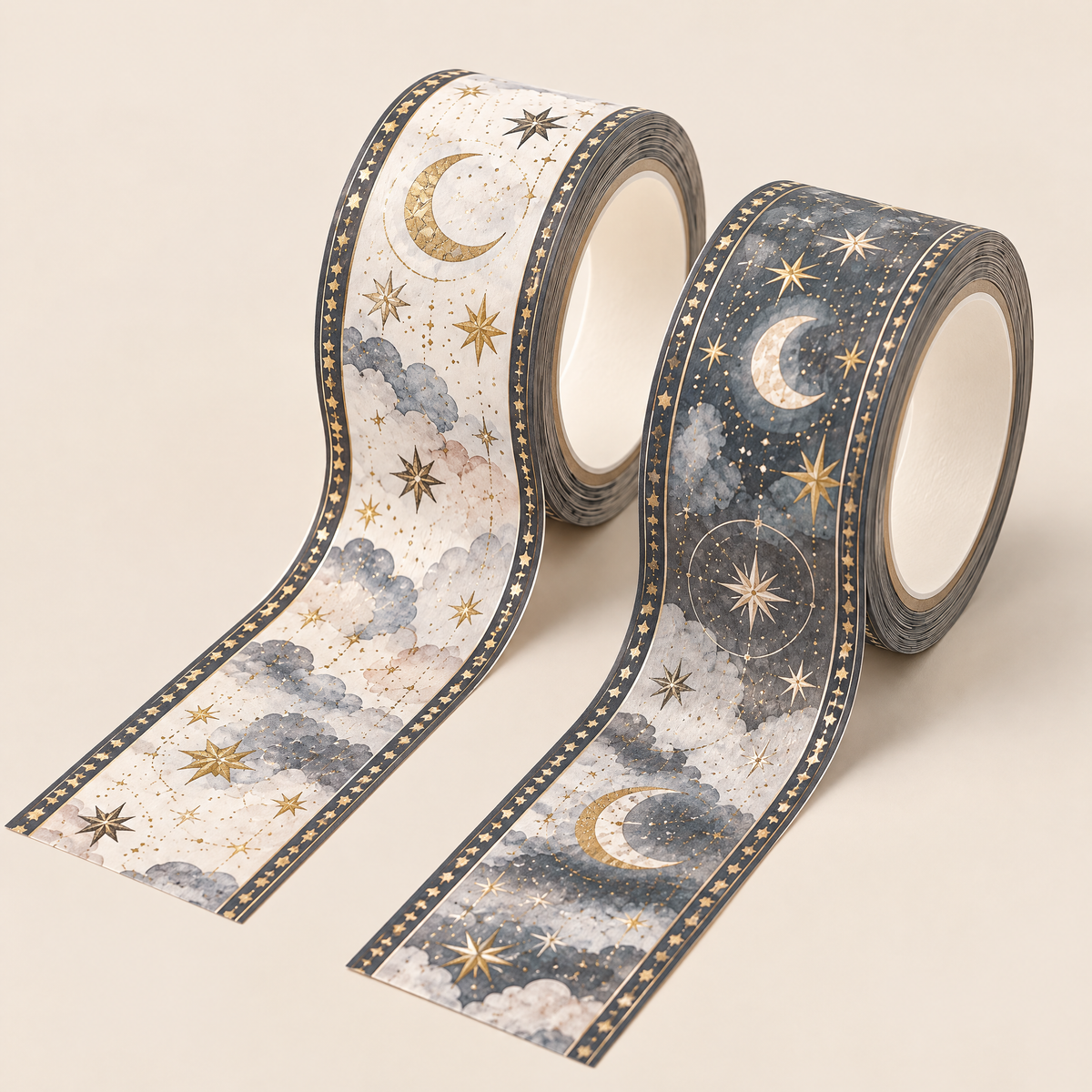 Roveliad™ Nocturne Orbit Celestial Washi Tape — 2-Pack, 39.4 ft Each, Moon & Star Gray Decorative Journal Tape